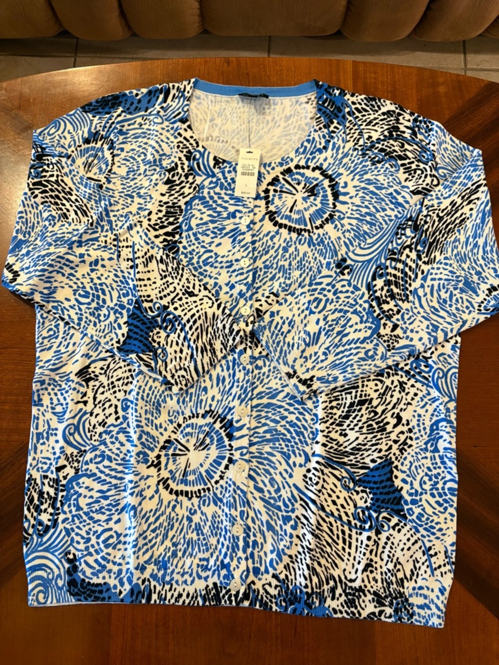 Talbots Women’s Blue, Black & White Floral Print Button Cardigan